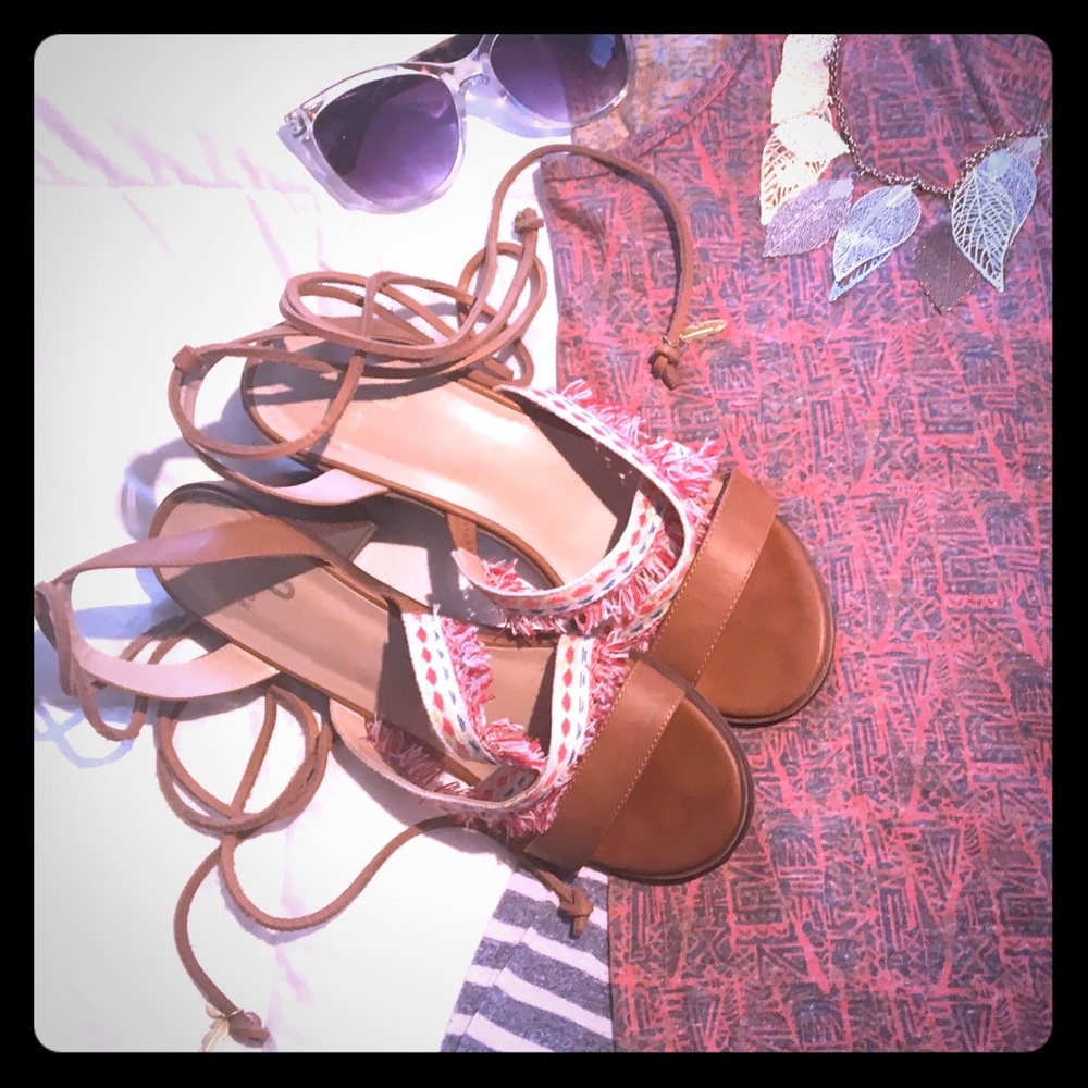 Tan Faux Leather/Colorful Fringe Ankle Tie Sandals